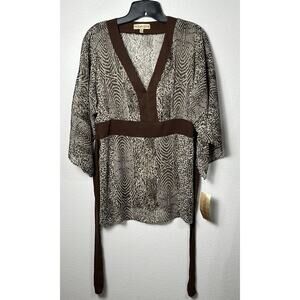 Notations Women’s Brown Animal Print Sheer Top 3/4 Webbed Sleeve Size Medium NWT